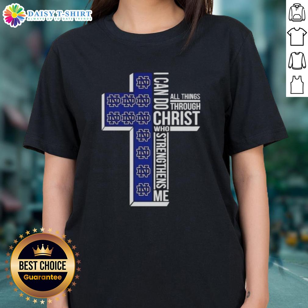 Top Notre Dame Fighting Irish Women's Basketball Cross I Can Do All Things Through Christ Ladies-Tee Top Notre Dame Fighting Irish women's basketball tee with 'I Can Do All Things Through Christ' slogan for fans.