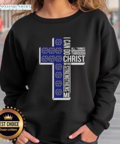 Alt Text: Notre Dame Fighting Irish women's basketball sweatshirt featuring I Can Do All Things Through Christ slogan.