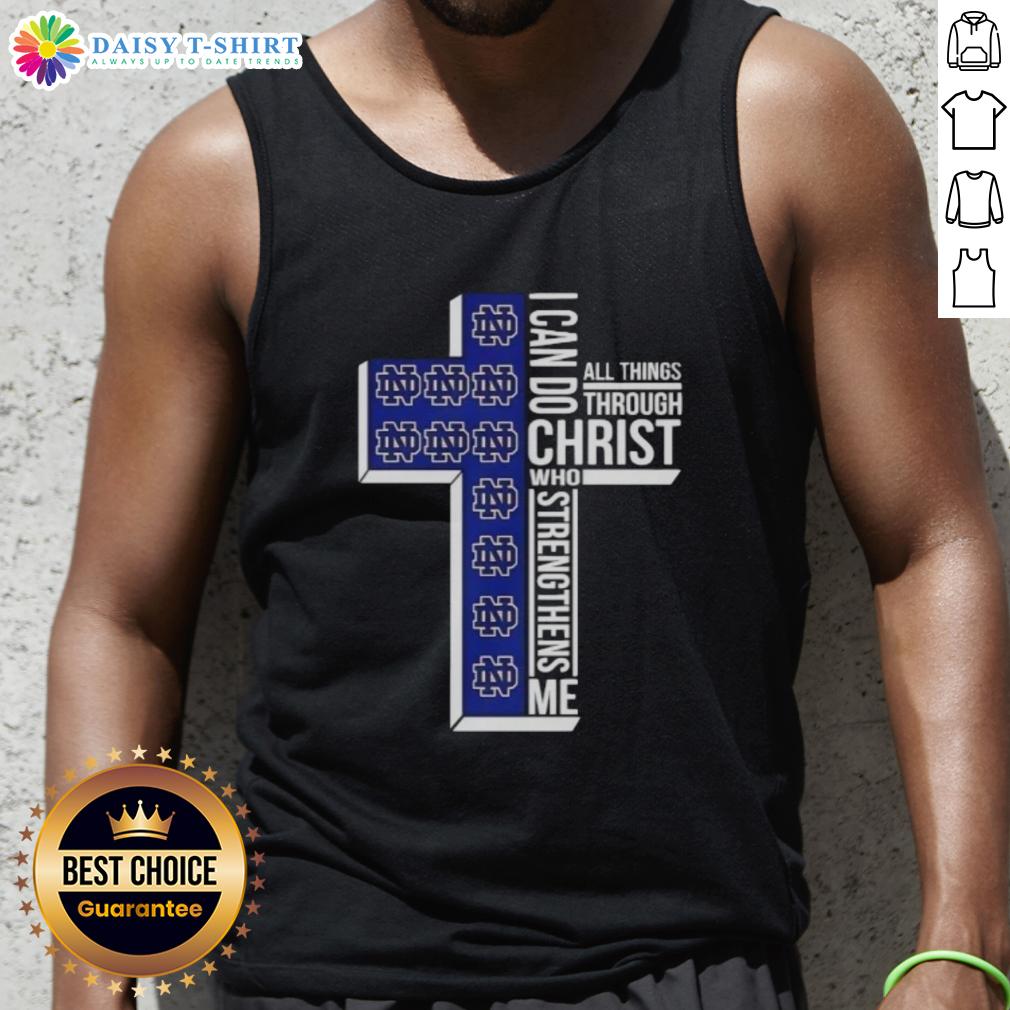 Top Notre Dame Fighting Irish Women's Basketball Cross I Can Do All Things Through Christ Tank Top Alt Text: Notre Dame Fighting Irish women's basketball tank top featuring 'I Can Do All Things Through Christ' design.