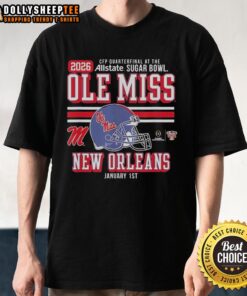 Alt Text: 2025-2026 Ole Miss Rebels CFP Quarterfinal Allstate Sugar Bowl T-shirt featuring team logo and vibrant design.