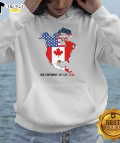 Top One Continent One Cup 2026 Soccer hoodie featuring USA, Canada, and Mexico flags for soccer fans and supporters.