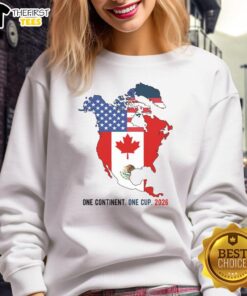 Cozy Top-One-Continent-One-Cup-2026 sweatshirt celebrating USA, Canada, and Mexico soccer tournament.