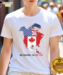 Top One Continent One Cup 2026 Soccer T-Shirt featuring USA, Canada, and Mexico flag designs for soccer fans.