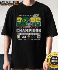 Alt Text: Oregon Ducks Shutout Texas Tach Orange Bowl Score Champions T-Shirt featuring team colors and logo.
