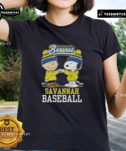 Top Peanuts Charlie Brown and Snoopy Savannah Bananas baseball tee for ladies, est. 2016, featuring vibrant graphics.