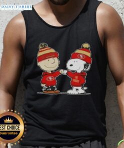 Charlie Brown and Snoopy fist bump in San Francisco 49ers tank top, perfect for football fans and Peanuts lovers.