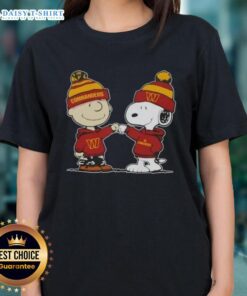 Charlie Brown fist bumping Snoopy on Washington Commanders football ladies tee, perfect for Peanuts fans and sports lovers.