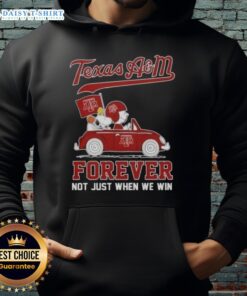 Charlie Brown and Snoopy driving a car on a Texas A&M Aggies hoodie, celebrating fandom beyond just winning.