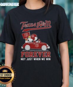 Top Peanuts Charlie Brown and Snoopy driving a car, featuring Texas A&M Aggies Forever tee for ladies, celebrating team spirit.