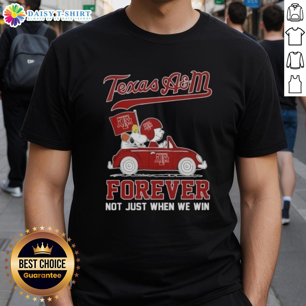 Top Peanuts Charlie Brown X Snoopy Driving Car Texas A&M Aggies Forever Not Just When We Win T-Shirt Top Peanuts Charlie Brown and Snoopy driving car on Texas A&M Aggies T-shirt, celebrating team spirit and loyalty.