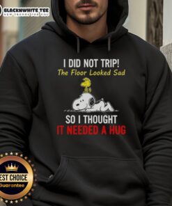 Snoopy and Woodstock hoodie with 'I did not trip, the floor looked sad' design, perfect for Peanuts fans.