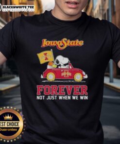 Alt Text: Top Peanuts Snoopy driving a car on Iowa State Cyclones Forever t-shirt, perfect for fans celebrating every game.
