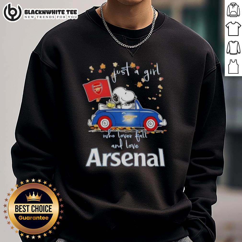 Top Peanuts Snoopy Driving Car Just A Girl Who Lover Fall And Love Arsenal FC Sweatshirt Snoopy driving a car in 'Just a Girl Who Loves Fall' sweatshirt, showcasing Peanuts and Arsenal FC spirit.