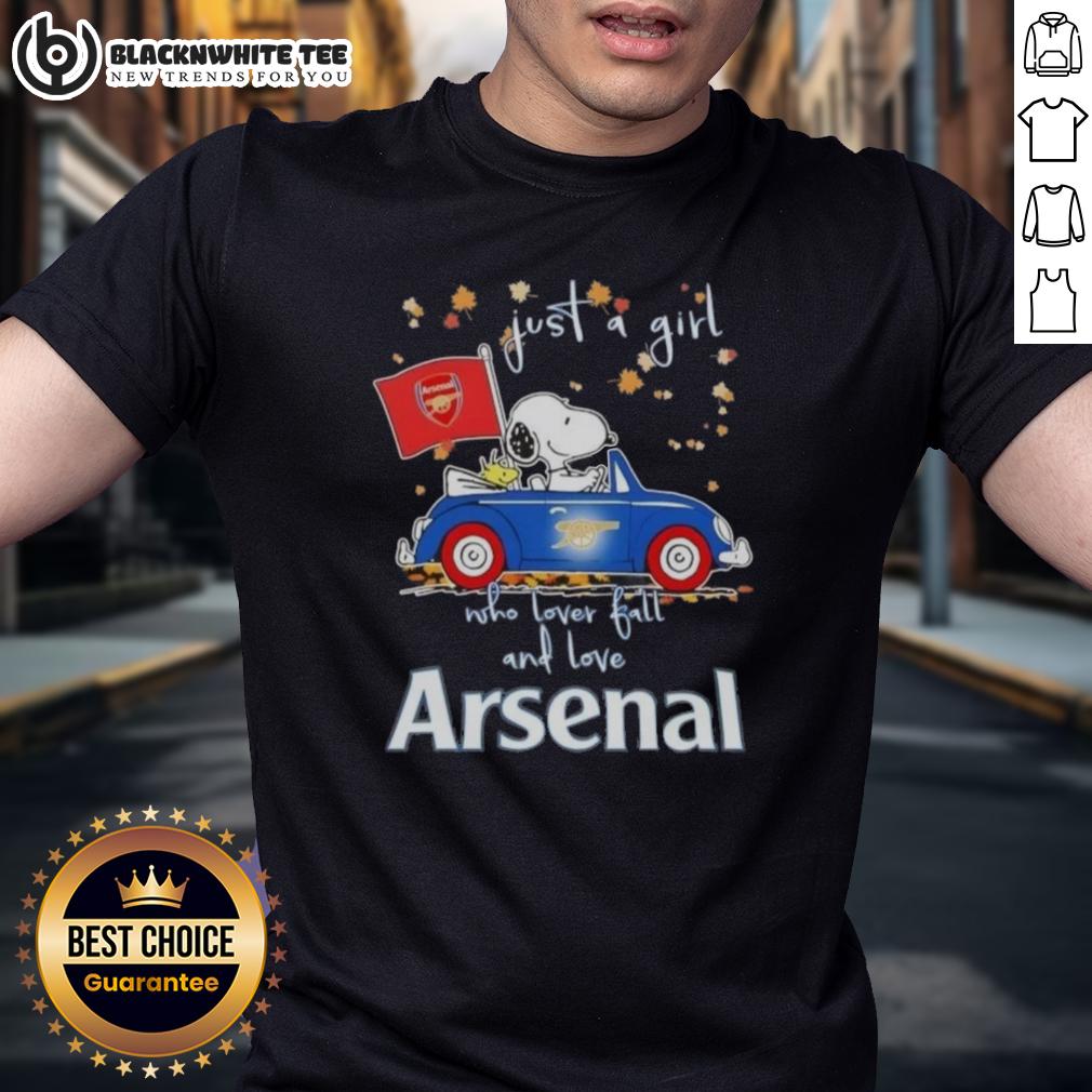 Top Peanuts Snoopy Driving Car Just A Girl Who Lover Fall And Love Arsenal FC T-Shirt Alt Text: Peanuts Snoopy driving a car on a fall-themed t-shirt for girls who love Arsenal FC and autumn vibes.