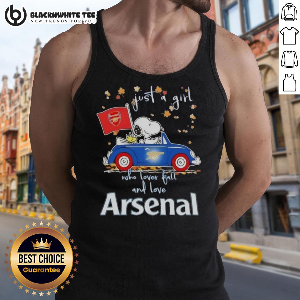 Top Peanuts Snoopy Driving Car Just A Girl Who Lover Fall And Love Arsenal FC Tank Top Alt Text: Snoopy driving a car on a tank top, featuring 'Just a girl who loves fall and Arsenal FC' design.
