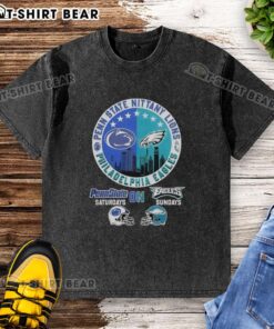 Top Penn State Nittany Lions and Philadelphia Eagles helmet logo mashup on a washed t-shirt for sports fans.