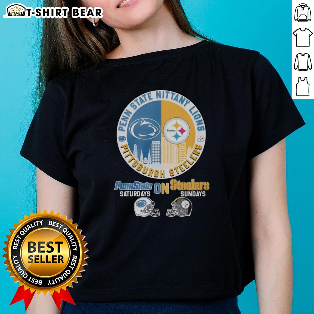 Top Pittsburgh Steelers On Saturdays And Penn State Nittany Lions On Sundays Helmet Logo Mashup Ladies-Tee Alt Text: Women's tee featuring a mashup of Pittsburgh Steelers and Penn State Nittany Lions helmet logos for game day style.