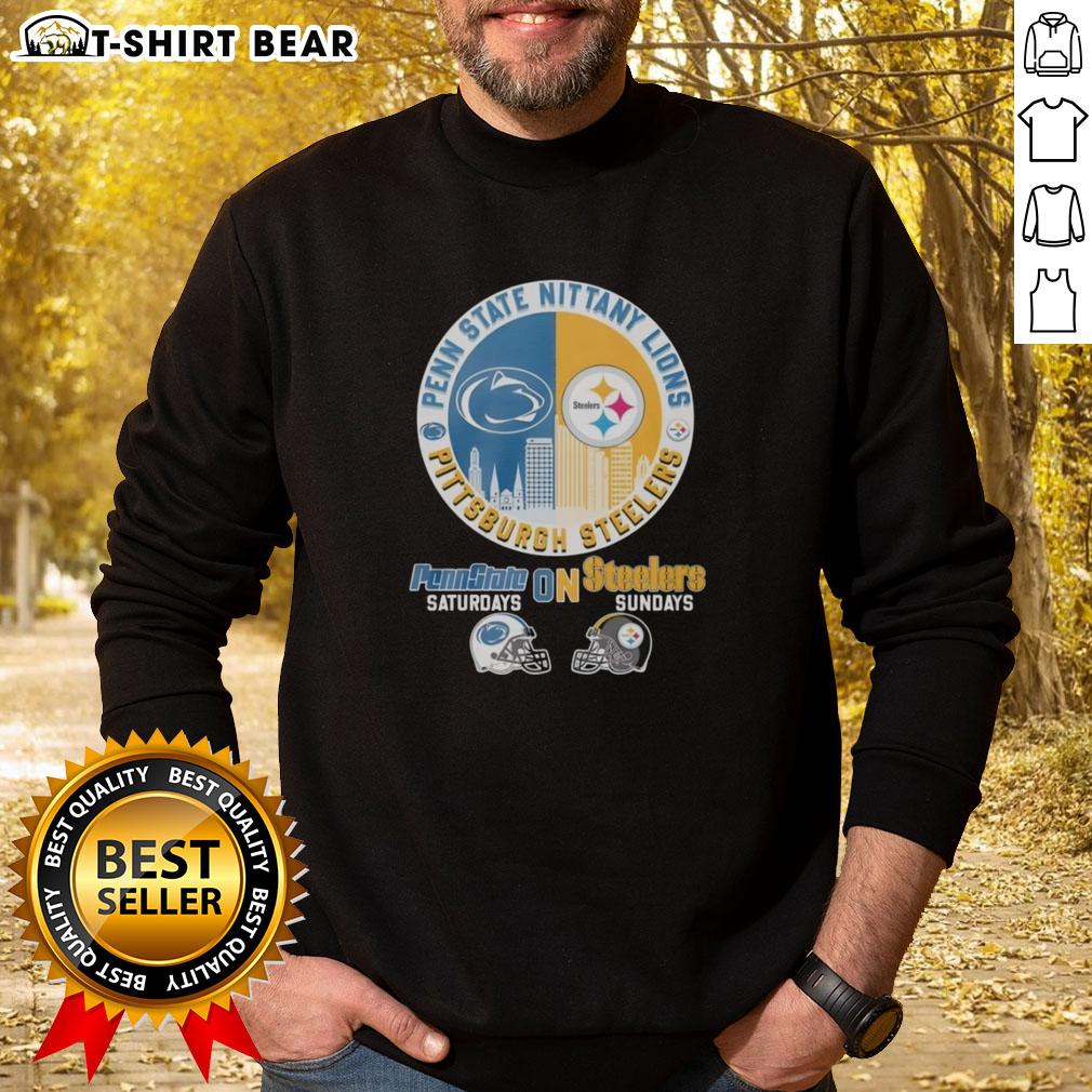 Top Pittsburgh Steelers On Saturdays And Penn State Nittany Lions On Sundays Helmet Logo Mashup Sweatshirt Alt Text: Pittsburgh Steelers and Penn State Nittany Lions helmet logo mashup sweatshirt for fans on game days.