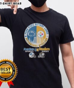 Alt Text: Pittsburgh Steelers and Penn State Nittany Lions helmet logo mashup T-shirt design for game day style.
