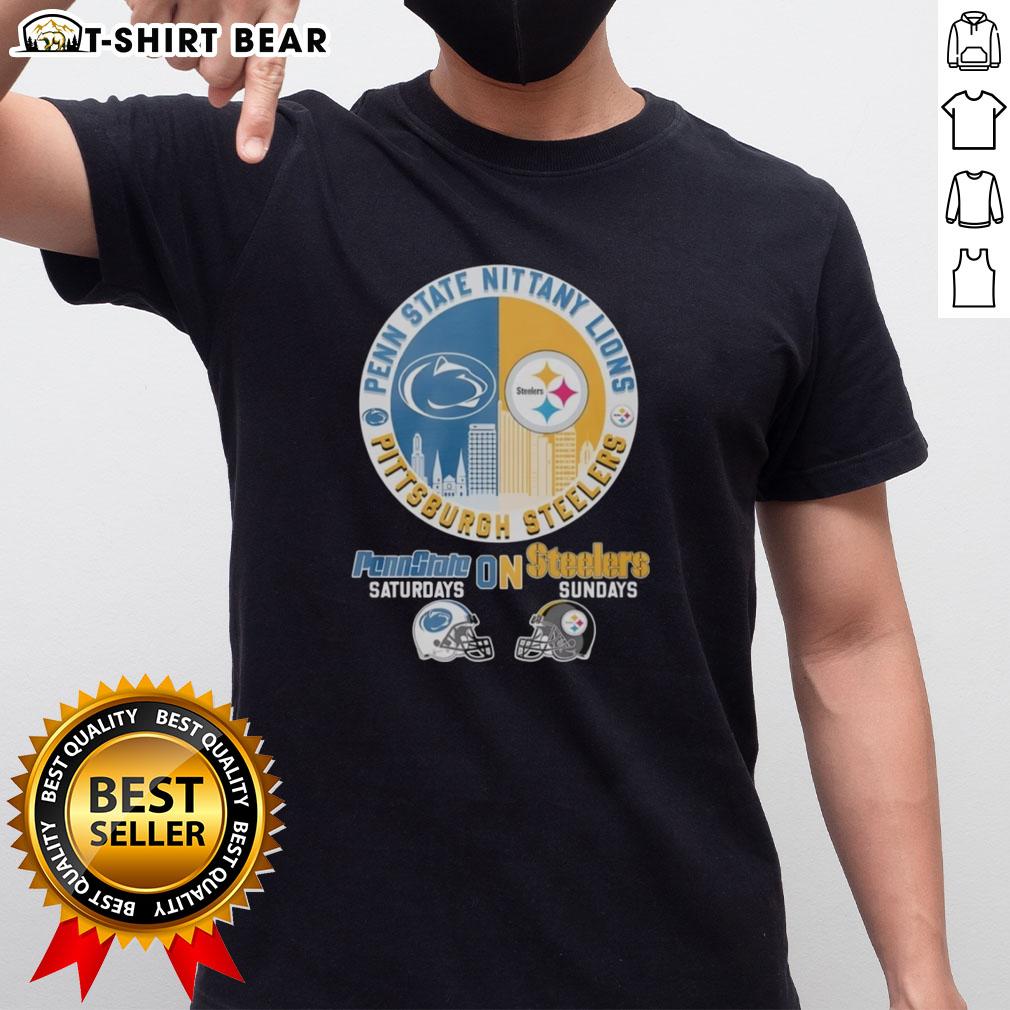 Top Pittsburgh Steelers On Saturdays And Penn State Nittany Lions On Sundays Helmet Logo Mashup T-Shirt Alt Text: Pittsburgh Steelers and Penn State Nittany Lions helmet logo mashup T-shirt design for game day style.