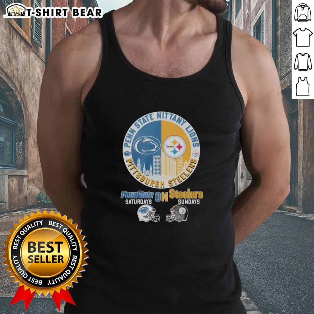 Top Pittsburgh Steelers On Saturdays And Penn State Nittany Lions On Sundays Helmet Logo Mashup Tank Top Pittsburgh Steelers and Penn State Nittany Lions helmet logo mashup on a stylish tank top design.