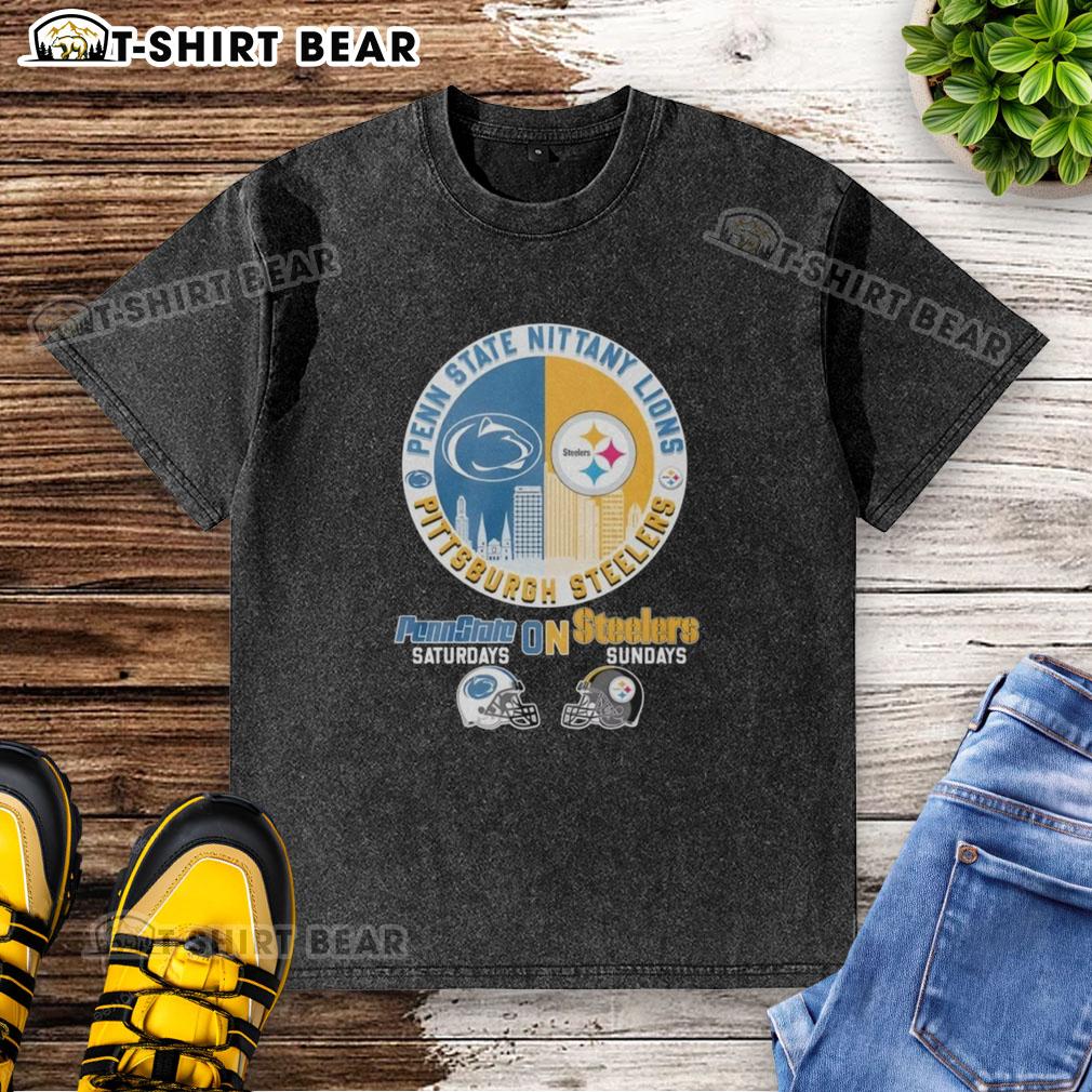 Top Pittsburgh Steelers On Saturdays And Penn State Nittany Lions On Sundays Helmet Logo Mashup Washed T-Shirt Pittsburgh Steelers and Penn State Nittany Lions helmet logo mashup on a washed t-shirt for ultimate fan style.