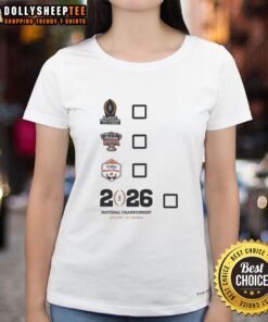 Top Playoff First Round Sugar Bowl Vrbo Fiesta Bowl National Championship Ladies Tee showcasing team spirit and style.