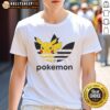 Alt Text: Top Pokemon Anniversary Pikachu Trefoil Parody Logo T-Shirt featuring Pikachu in a playful design, perfect for fans.