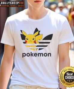 Alt Text: Top Pokemon Anniversary Pikachu Trefoil Parody Logo T-Shirt featuring Pikachu in a playful design, perfect for fans.