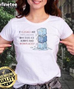 Top Raids Workplaces graphic on a ladies tee, questioning ICE raids on workplaces and the freeloading narrative.