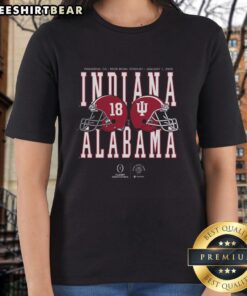 Alt Text: 2026 Rose Bowl Game Alabama vs Indiana helmet matchup on a ladies tee showcasing team logos and vibrant colors.