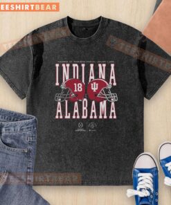 Alt Text: Alabama vs. Indiana helmet matchup graphic on a washed T-shirt for the 2026 Rose Bowl Game.