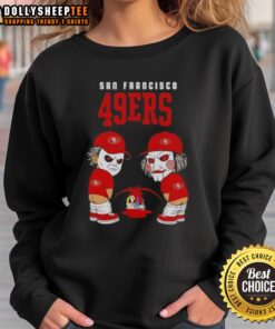 Alt Text: Top San Francisco 49ers X Michael Myers and Billy the Puppet sweatshirt featuring unique horror sports design.