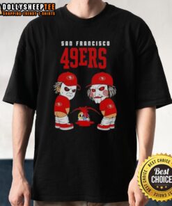 Top San Francisco 49ers X Michael Myers and Billy the Puppet Piss On T-Shirt featuring unique graphic design.