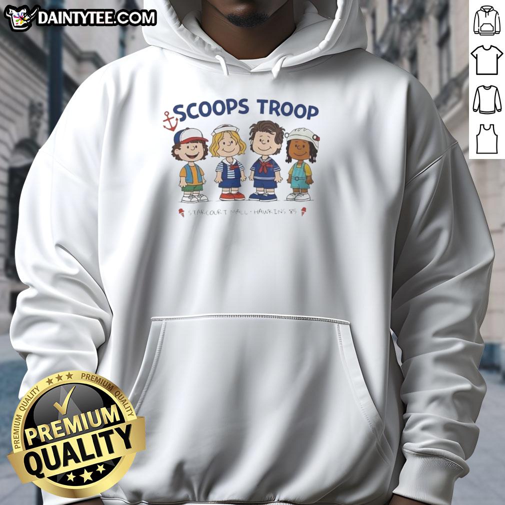 top-scoops-troop-starcourt-mall-hawkins-85-stranger-things-x-peanut-cartoon-hoodie Top Scoops Troop Starcourt Mall Hawkins 85 hoodie featuring Stranger Things X Peanut cartoon design for fans.