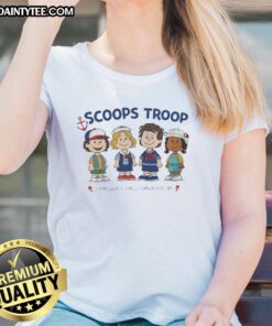 Top Scoops Troop Starcourt Mall Hawkins 85 tee featuring Stranger Things and Peanut cartoon design for ladies.