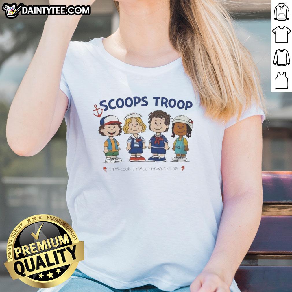 top-scoops-troop-starcourt-mall-hawkins-85-stranger-things-x-peanut-cartoon-ladies-tee Top Scoops Troop Starcourt Mall Hawkins 85 tee featuring Stranger Things and Peanut cartoon design for ladies.