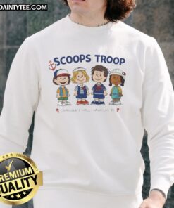 Alt Text: Stranger Things X Peanut cartoon sweatshirt featuring Top Scoops Troop at Starcourt Mall, Hawkins, 85 design.
