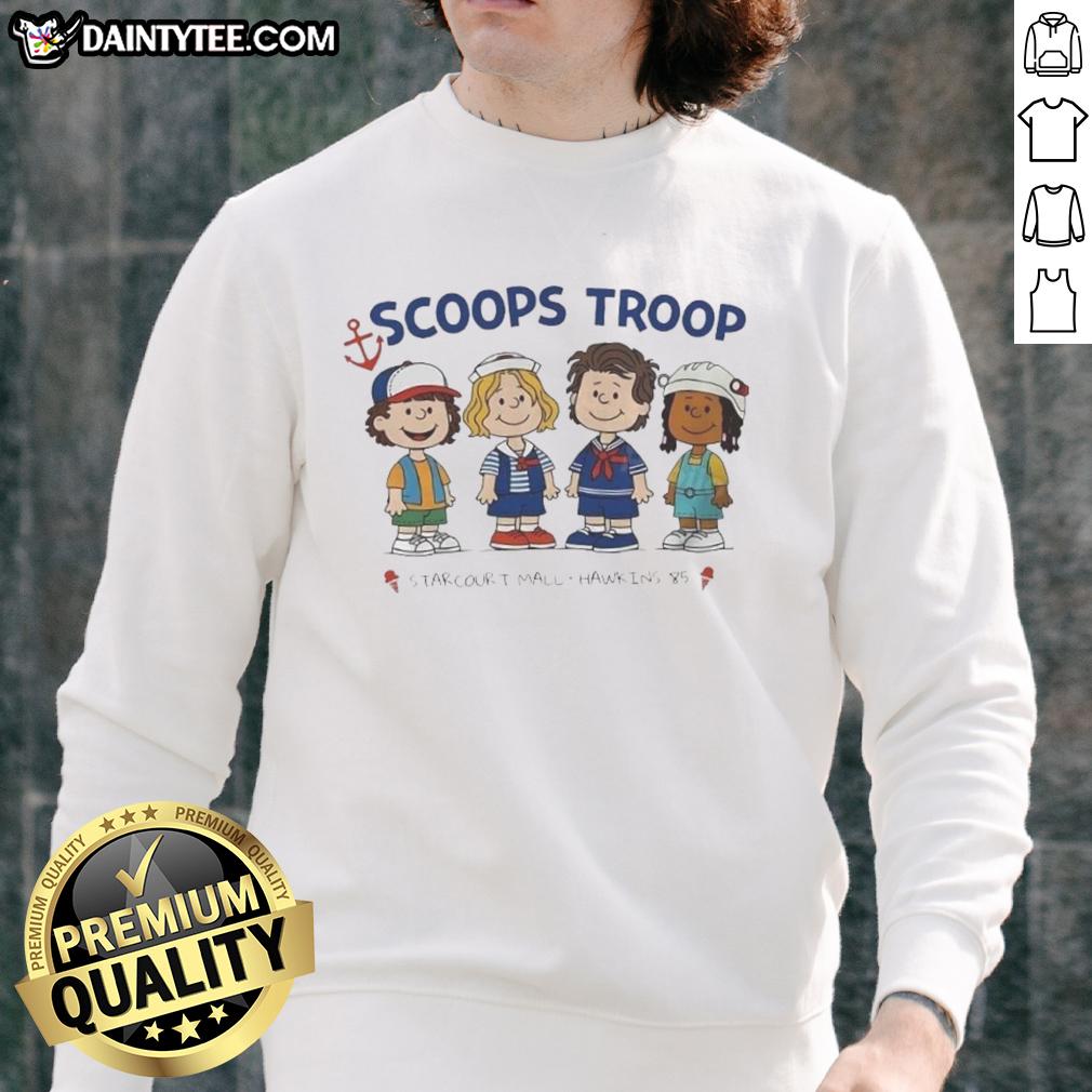 top-scoops-troop-starcourt-mall-hawkins-85-stranger-things-x-peanut-cartoon-sweatshirt Alt Text: Stranger Things X Peanut cartoon sweatshirt featuring Top Scoops Troop at Starcourt Mall, Hawkins, 85 design.