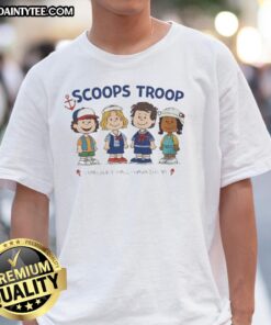 Top Scoops Troop Starcourt Mall Hawkins 85 T-Shirt featuring Stranger Things and Peanut cartoon design.