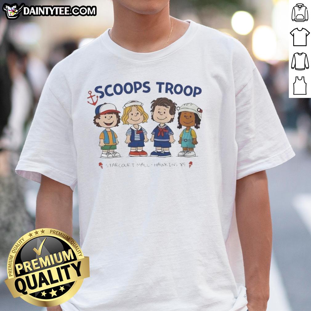 top-scoops-troop-starcourt-mall-hawkins-85-stranger-things-x-peanut-cartoon-t-shirt Top Scoops Troop Starcourt Mall Hawkins 85 T-Shirt featuring Stranger Things and Peanut cartoon design.