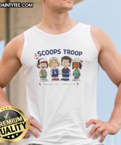 Alt Text: Top Scoops Troop Starcourt Mall Hawkins tank top featuring 'Stranger Things' and peanut cartoon design.