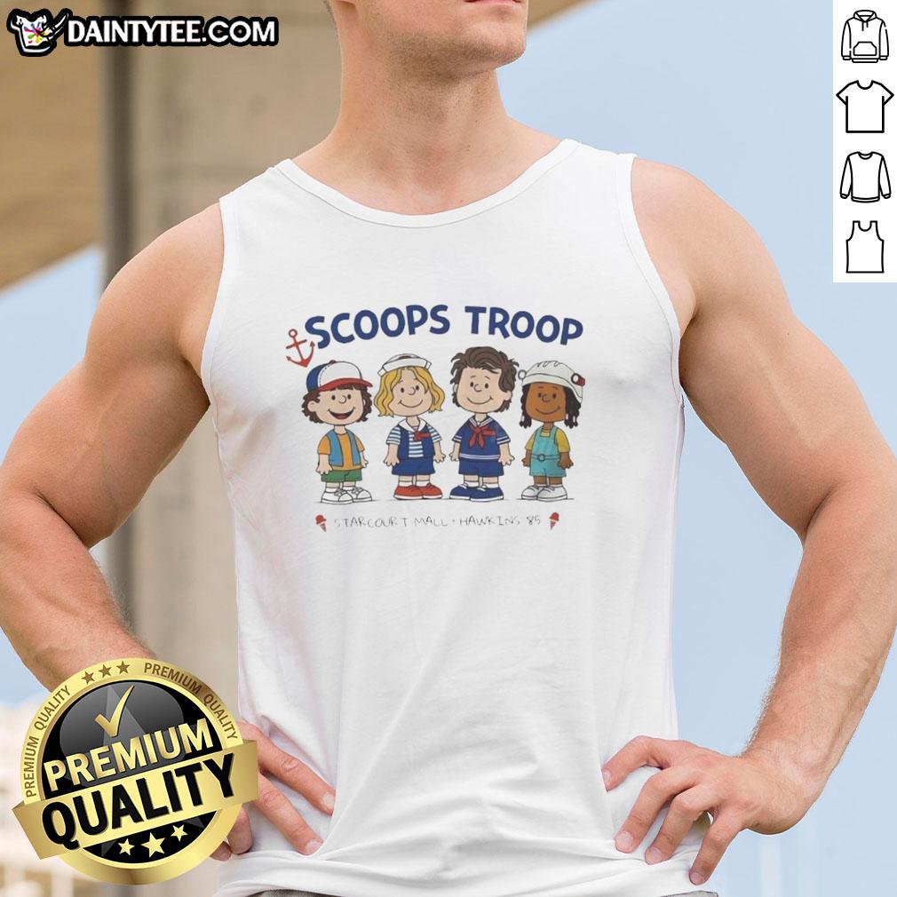 top-scoops-troop-starcourt-mall-hawkins-85-stranger-things-x-peanut-cartoon-tank-top Alt Text: Top Scoops Troop Starcourt Mall Hawkins tank top featuring 'Stranger Things' and peanut cartoon design.