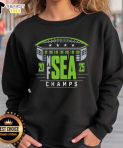 Top Seattle Seahawks 2025 NF SEA Champs sweatshirt featuring team colors and logo, perfect for fans celebrating the victory.
