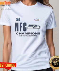Alt Text: Top Seattle Seahawks 2025 NFC Champions locker room ladies tee featuring team colors and logo, perfect for fans.