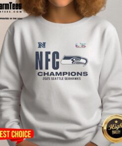 Top Seattle Seahawks 2025 NFC Champions locker room sweatshirt displayed on a hanger, showcasing team pride and style.