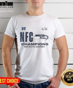 Alt Text: Top Seattle Seahawks 2025 NFC Champions Locker Room T-Shirt featuring team colors and logo for fans and collectors.