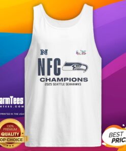 Alt Text: Top Seattle Seahawks 2025 NFC Champions locker room tank top featuring team logo and championship design.