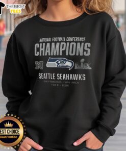 Alt Text: Top Seattle Seahawks 2026 NFC Champions Team Nation sweatshirt in blue, celebrating their championship victory.