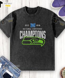 Alt Text: Top Seattle Seahawks National Conference Champions 2026 big logo washed t-shirt in navy blue.